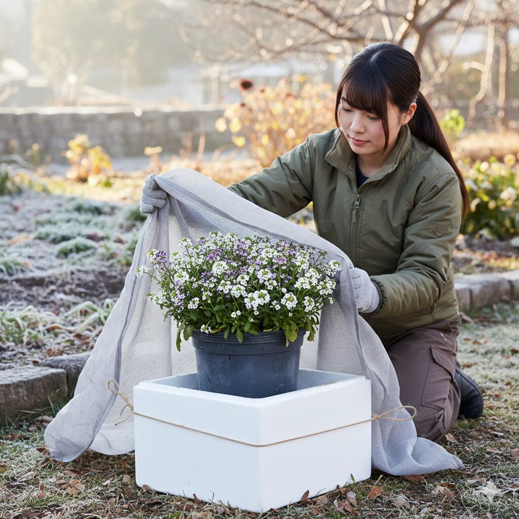 スイートアリッサム 挿し芽　スイートアリッサムの鉢植えを二重鉢と不織布で冬越し対策している風景