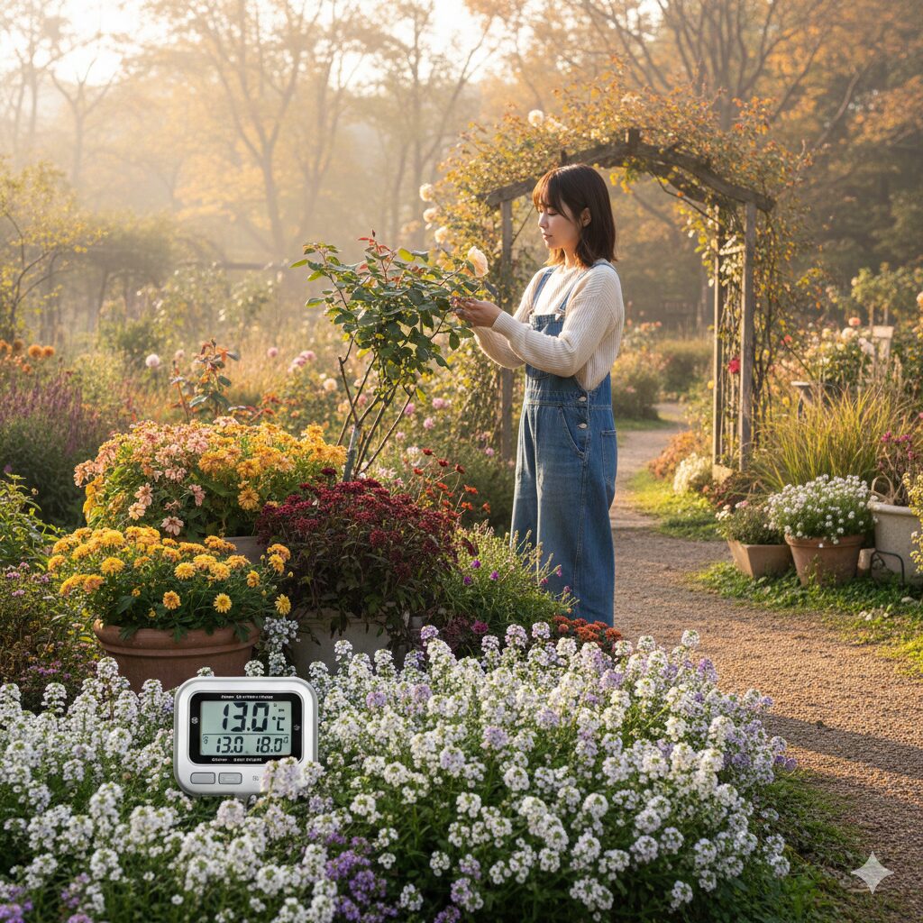 スイートアリッサムの挿し芽に最適な秋の穏やかな気温を示すデジタル温度計