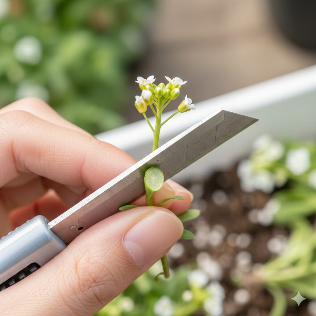 スイートアリッサムの挿し穂を斜めにカットしたきれいな切り口