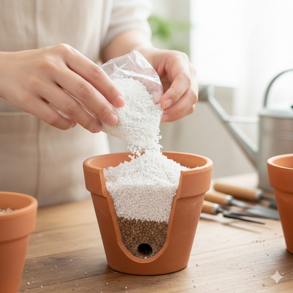 スイートアリッサム 挿し芽　鉢底石と無菌用土が層になったスイートアリッサムの挿し芽用ポット