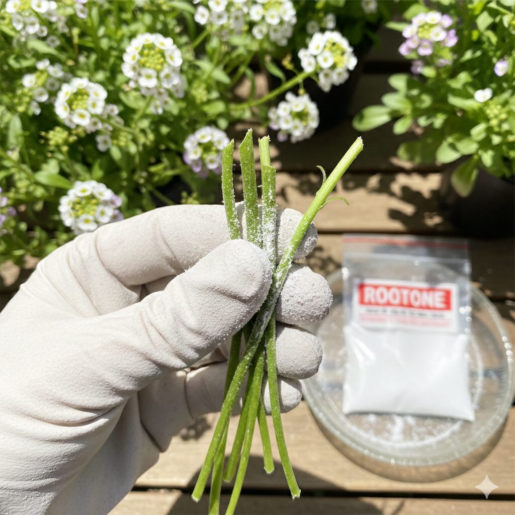 スイートアリッサムの挿し穂の切り口に粉末発根促進剤を塗布する手元