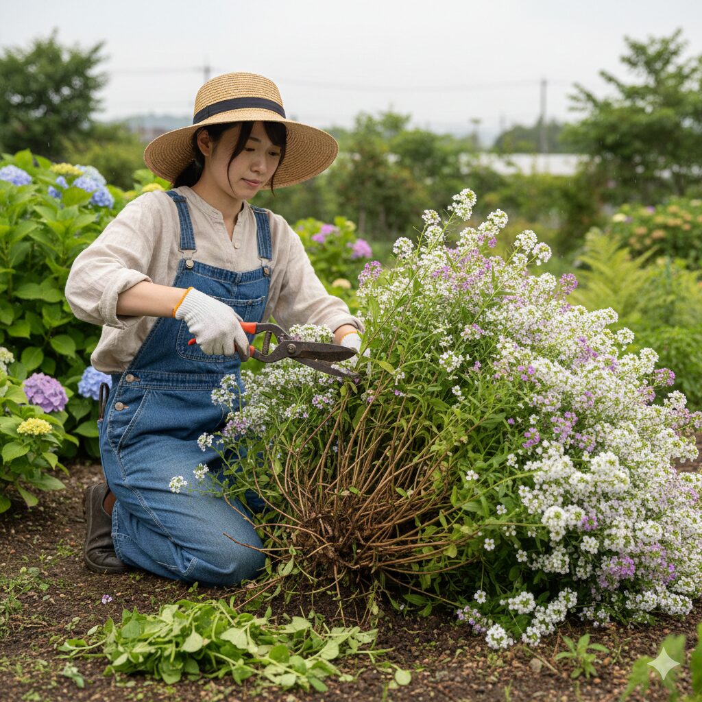 スイートアリッサム 挿し芽　夏越しのためにスイートアリッサムを強剪定（切り戻し）している様子