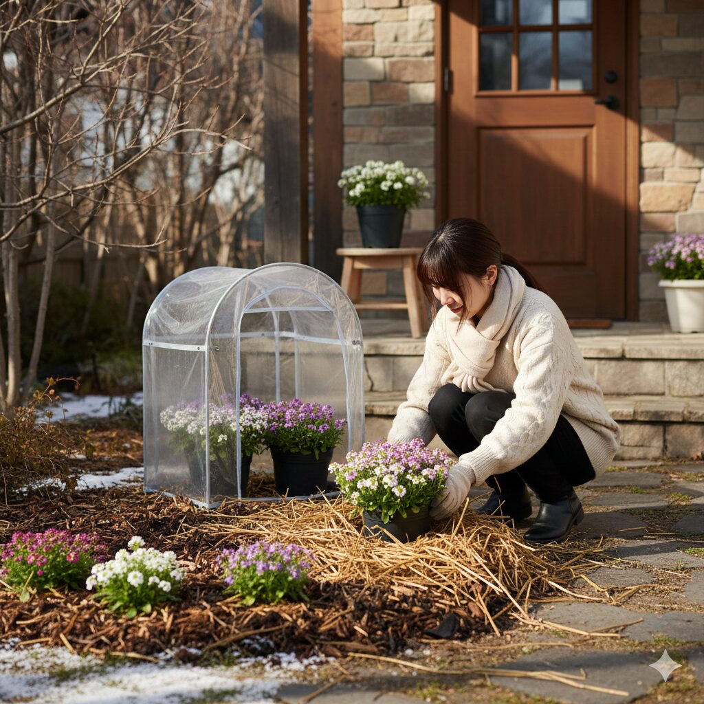 スイートアリッサム 開花時期　冬越しのためにマルチングされ、霜対策が施されたスイートアリッサムの株