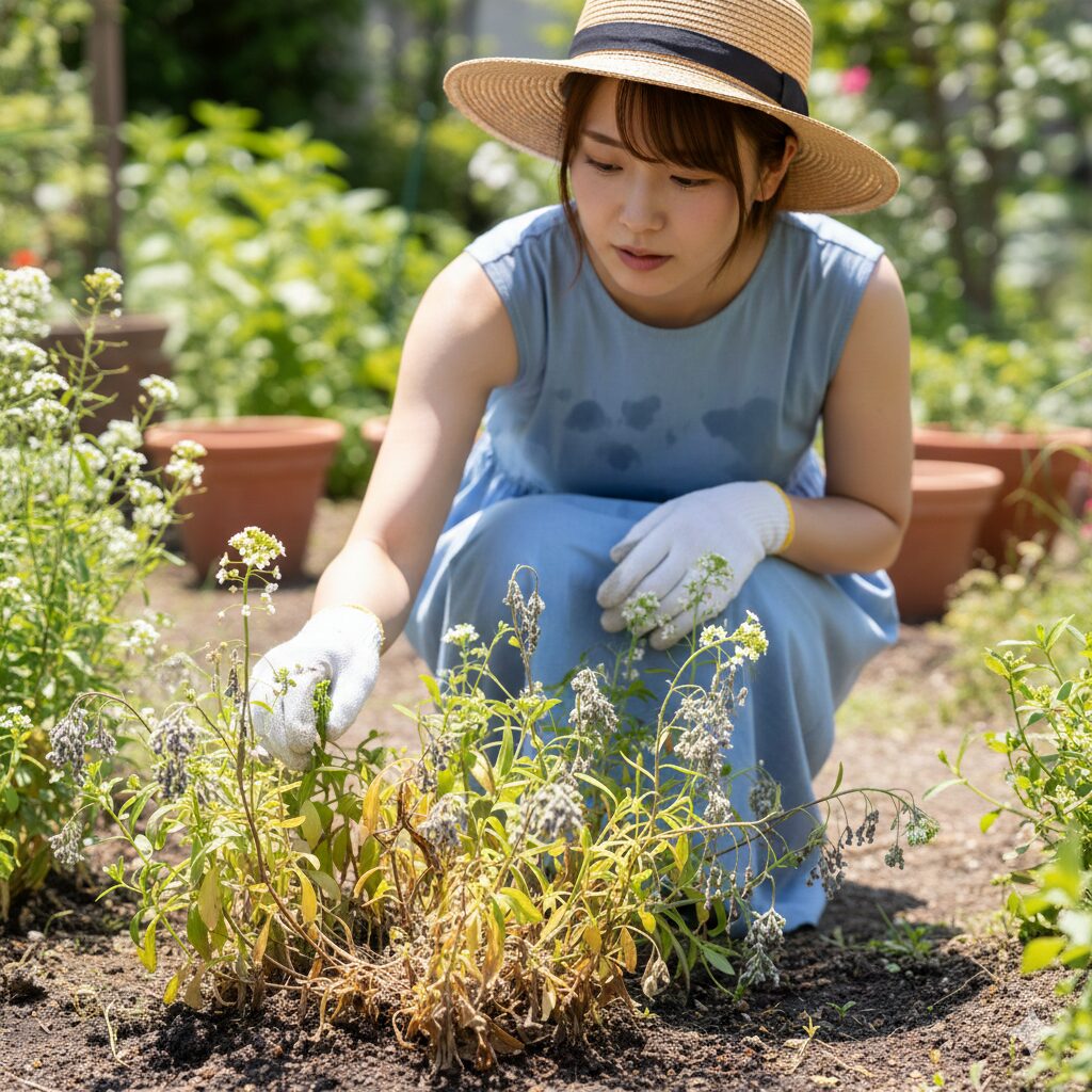 スイートアリッサム 開花時期　日本の高温多湿な夏で蒸れて弱ってしまったスイートアリッサムの株元