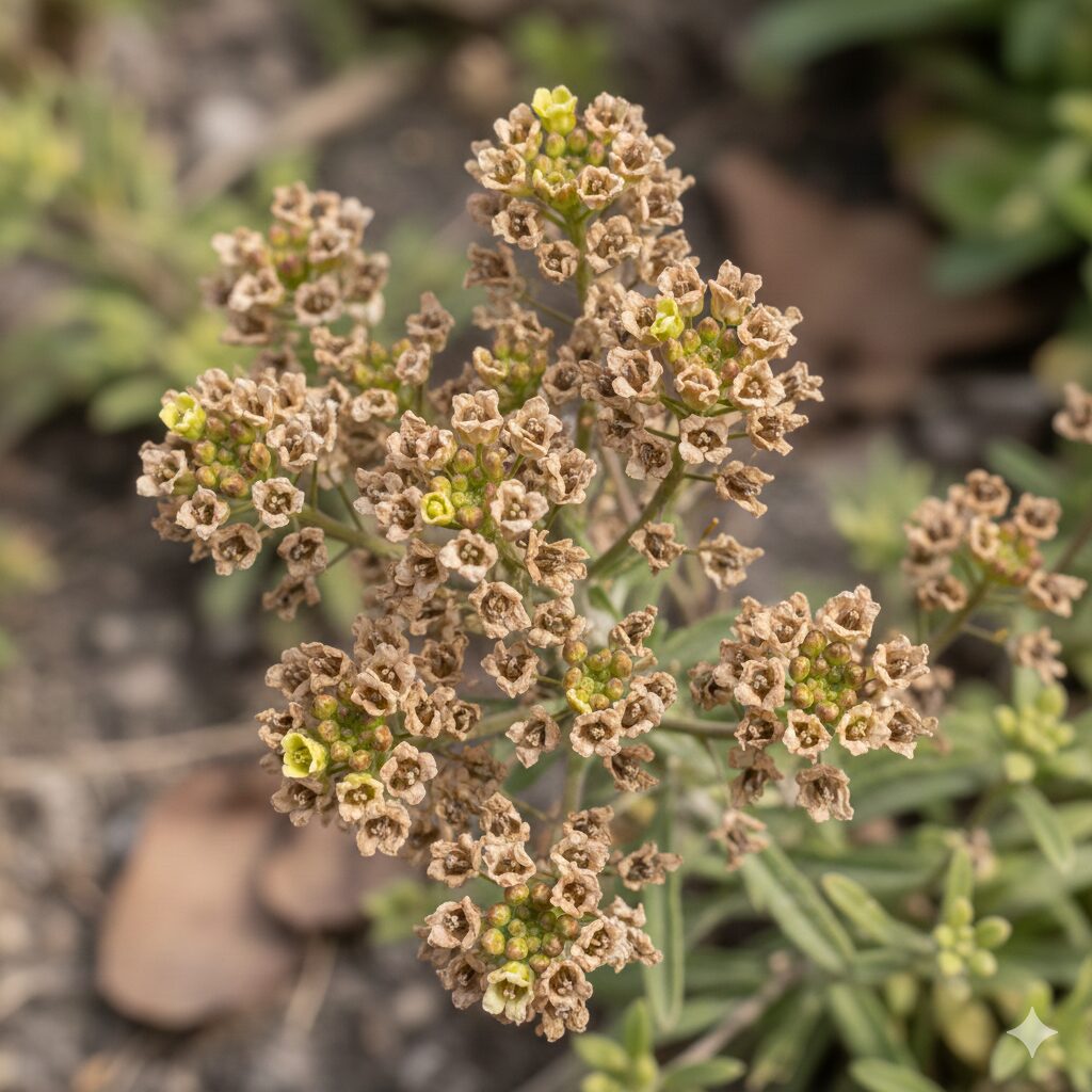 スイートアリッサム 開花時期　種子形成にエネルギーを奪われ、花が途切れてしまったスイートアリッサムの花がらと未開花の株