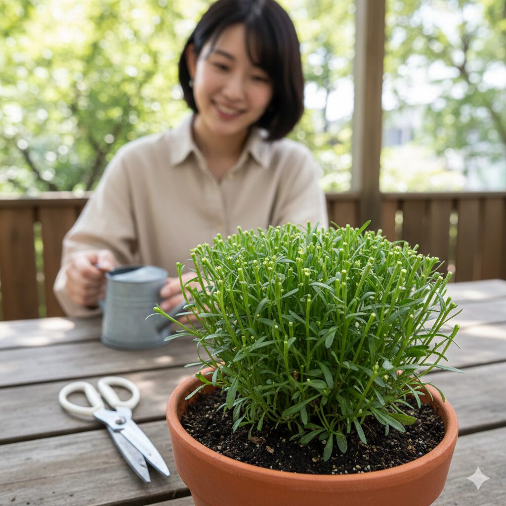 スイートアリッサム 開花時期　強めに切り戻し剪定され、新しい側芽が伸び始めたスイートアリッサムの株