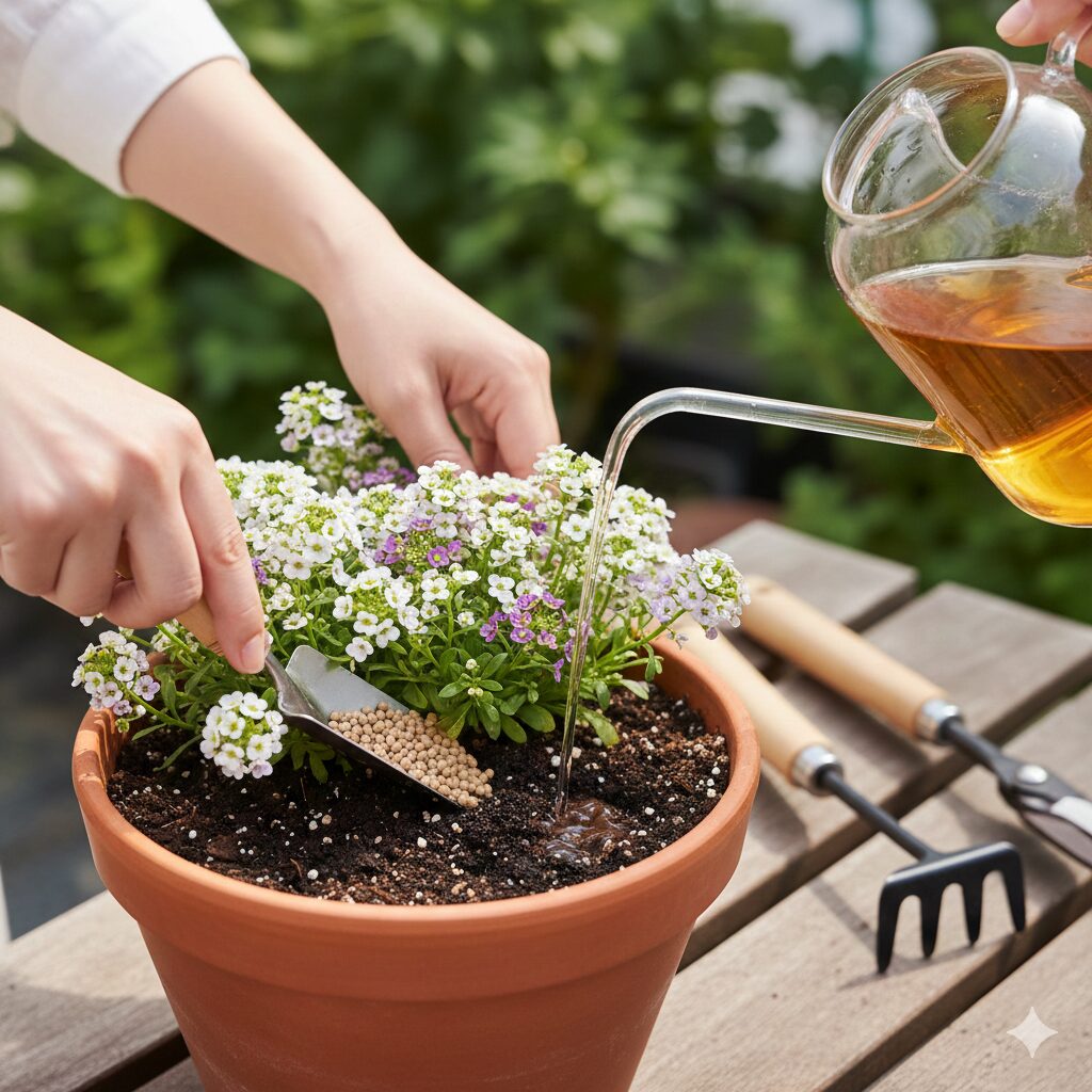 スイートアリッサム 開花時期　スイートアリッサムの鉢植えに元肥と液体肥料を与え、栄養補給をする様子