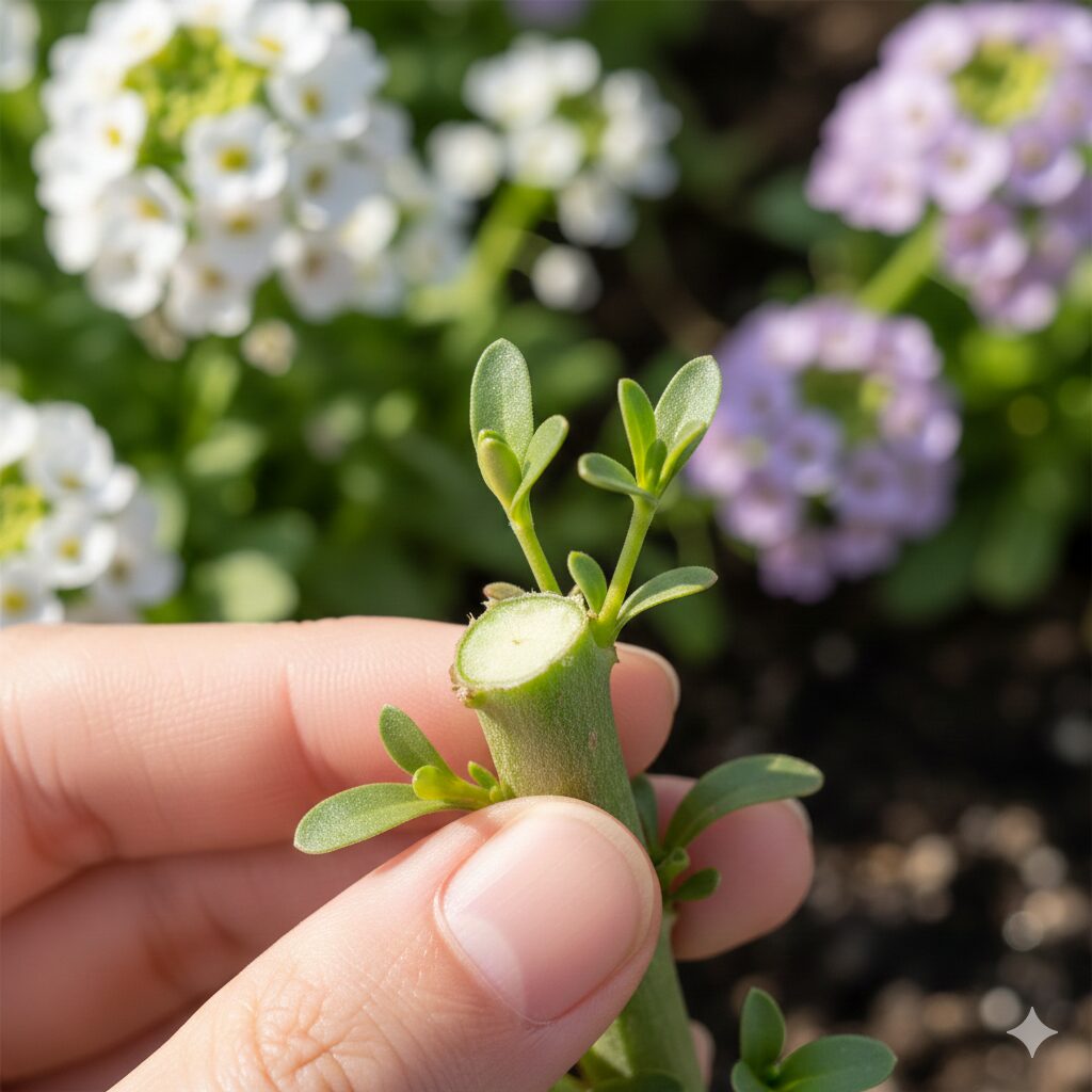 スイートアリッサム 開花時期　適切に剪定されたスイートアリッサムの切り口から勢いよく伸びる新しい芽