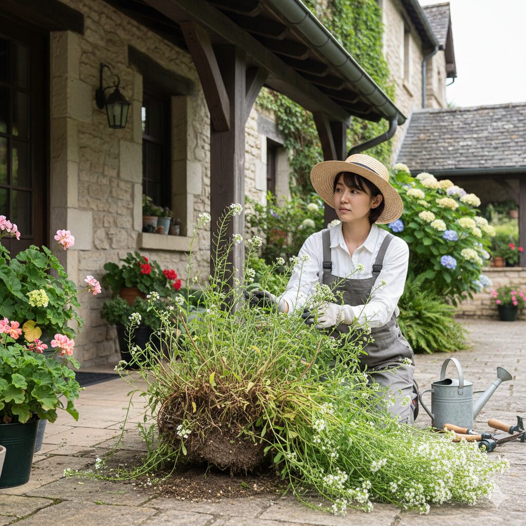 スイートアリッサム 開花時期　梅雨対策として強剪定され、風通しが良くなったスイートアリッサムの鉢植えと雨除けの軒下