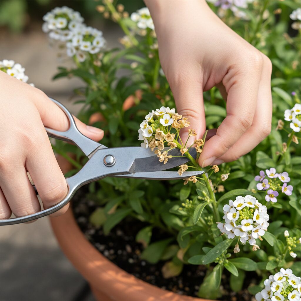 スイートアリッサム 開花時期　茶色く枯れたスイートアリッサムの花房をハサミで摘み取る手の様子