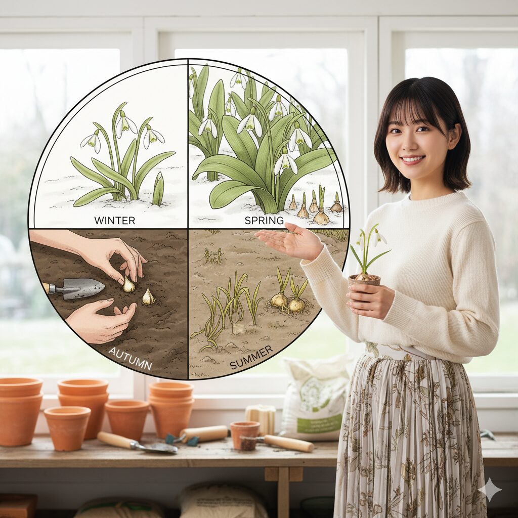スノードロップの年間管理カレンダー。開花から葉の管理、休眠までのサイクルをイラストで示す。