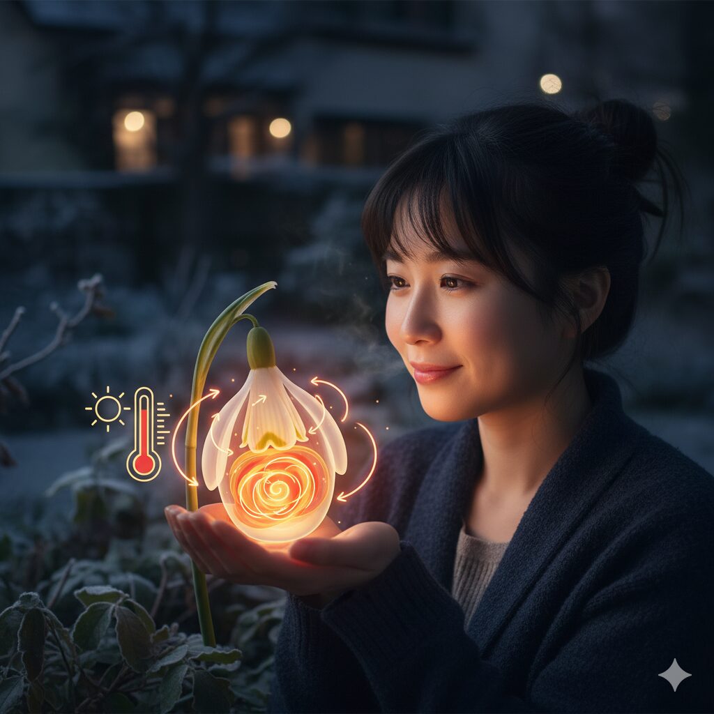 スノードロップの自己保温行動を示すイラスト。夜間に花を閉じて内部の温かい空気を保持する生態メカニズム。
