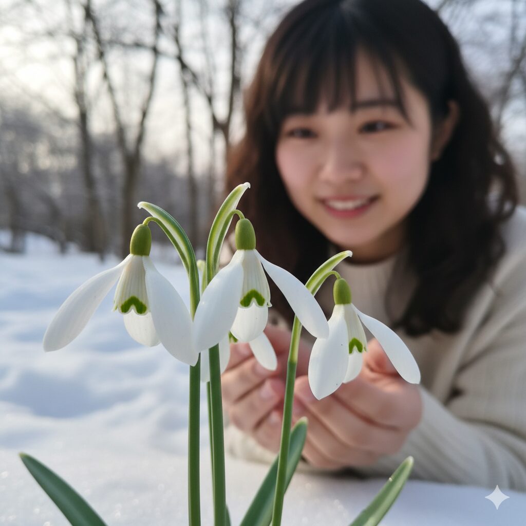 スノードロップのクローズアップ写真。3枚の外花被と内花被、特徴的な緑のハート状模様を示す。