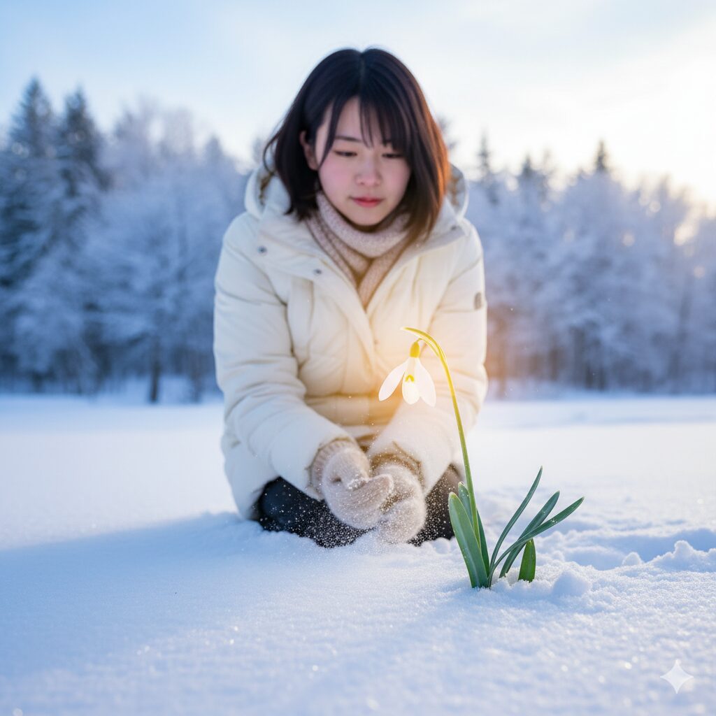 厳しい冬の雪景色の中で一輪咲くスノードロップ。花言葉「希望」を象徴する光景。