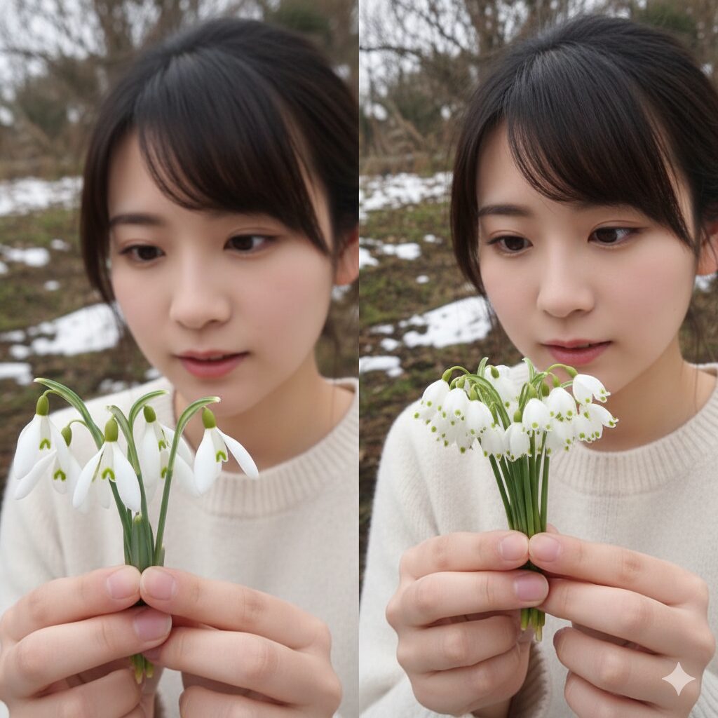 スノードロップとスノーフレークを比較した写真。花の模様と形状から類似種を見分ける。