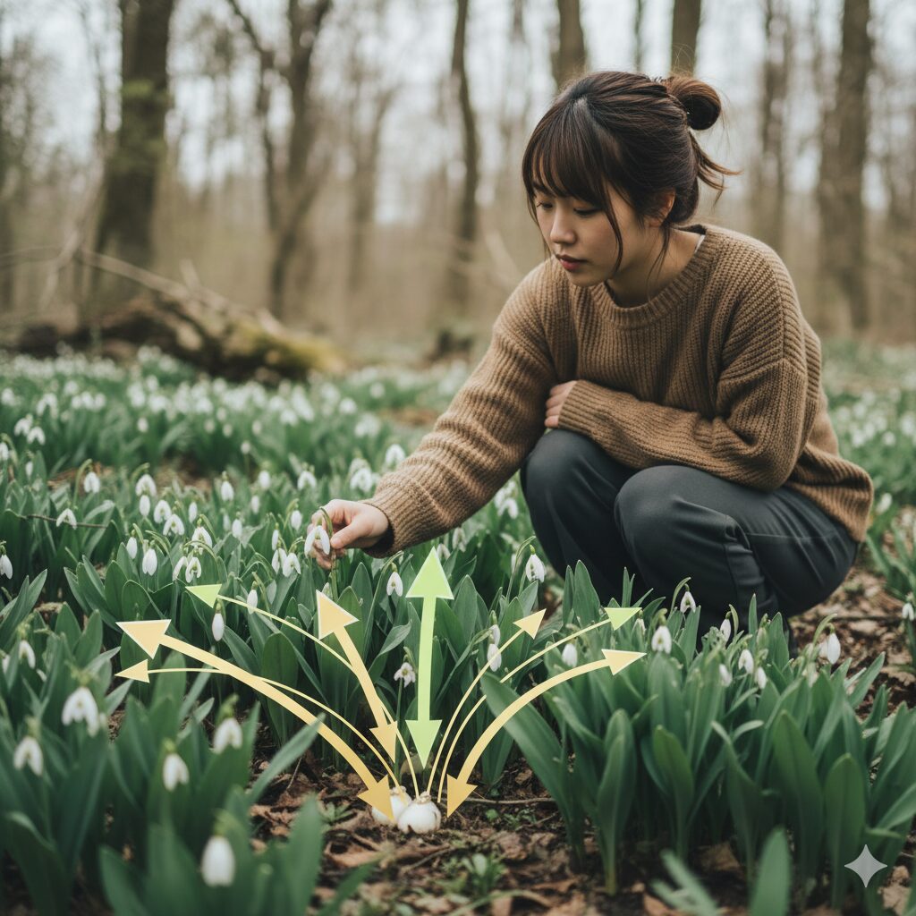 花後のスノードロップの葉の管理イメージ。葉から球根へ養分を送り翌年の開花に備える。