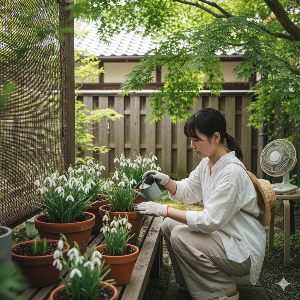 日本の夏におけるスノードロップの湿潤休眠管理。乾燥を防ぎ風通しの良い日陰で夏越しさせる様子。