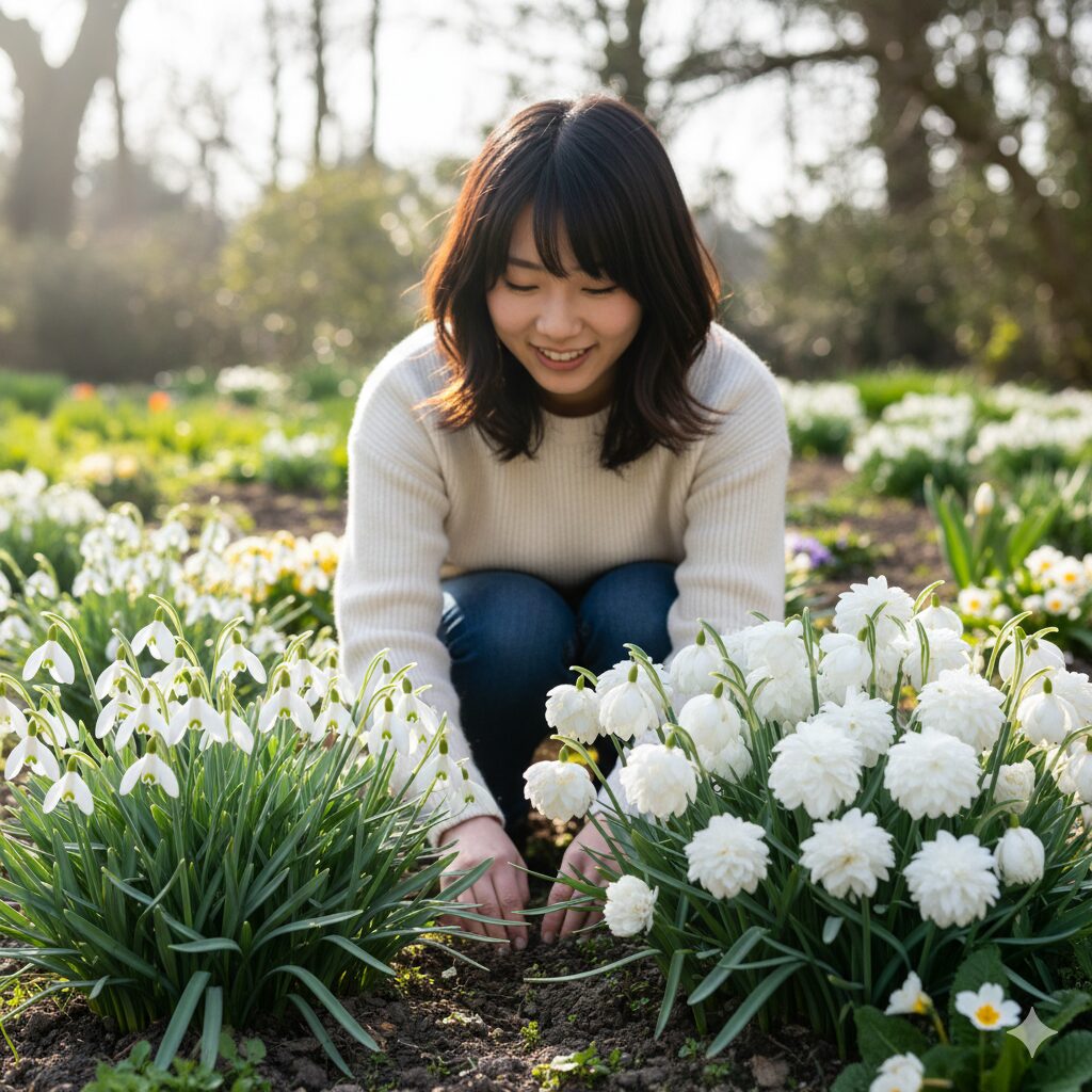 スノードロップの品種比較。一重咲き（原種）と八重咲き（フロレ・プレノ）の花の形状のバリエーション。