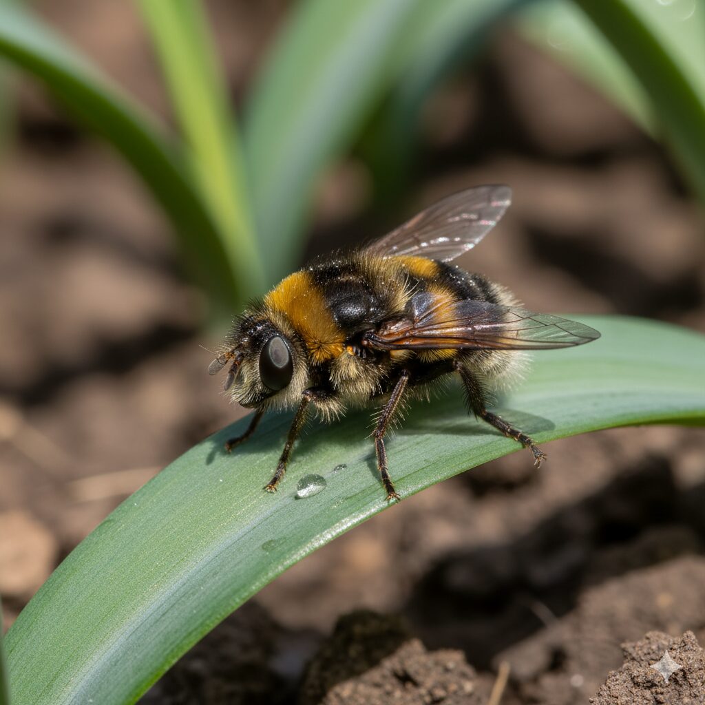 スノードロップの天敵であるスイセンハナアブの成虫(ハチに擬態した姿)