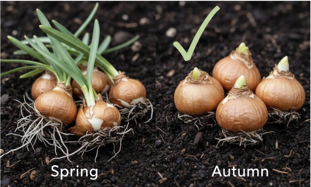 スノードロップの植え替え適期である秋の球根の状態イラスト