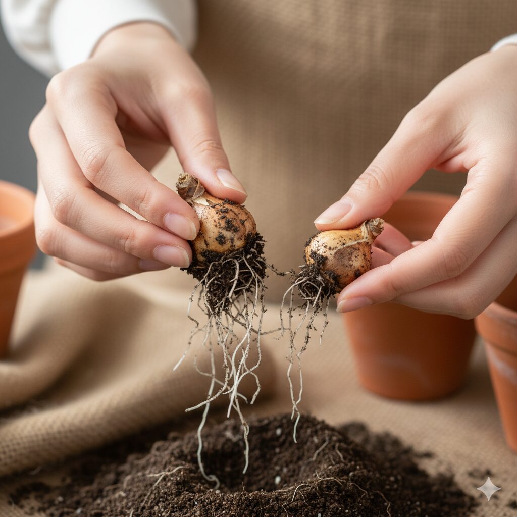 親球から自然に外れる子球を優しく分球している手元の様子