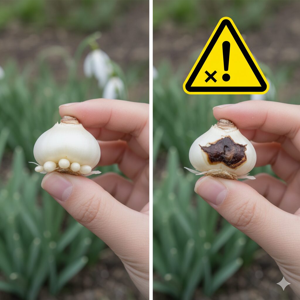 分球で失敗してバサルプレートが傷ついた球根と正常な球根の比較