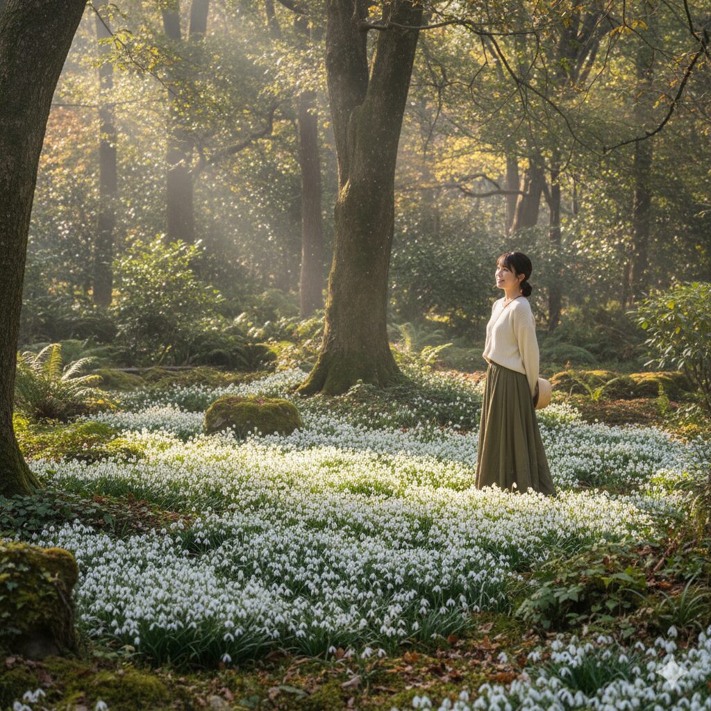 落葉樹の下で自然に群生して咲くスノードロップの庭の風景