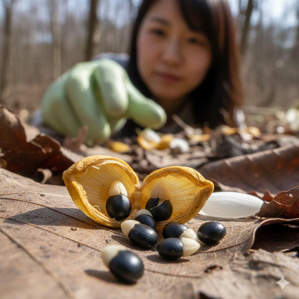 採り蒔き用に熟して割れ始めたスノードロップの種子(サヤ)