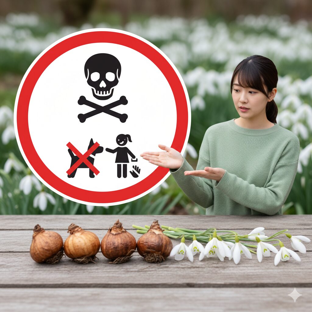 スノードロップの球根と花。球根には毒性があるため、取り扱いに注意を促すイラスト。