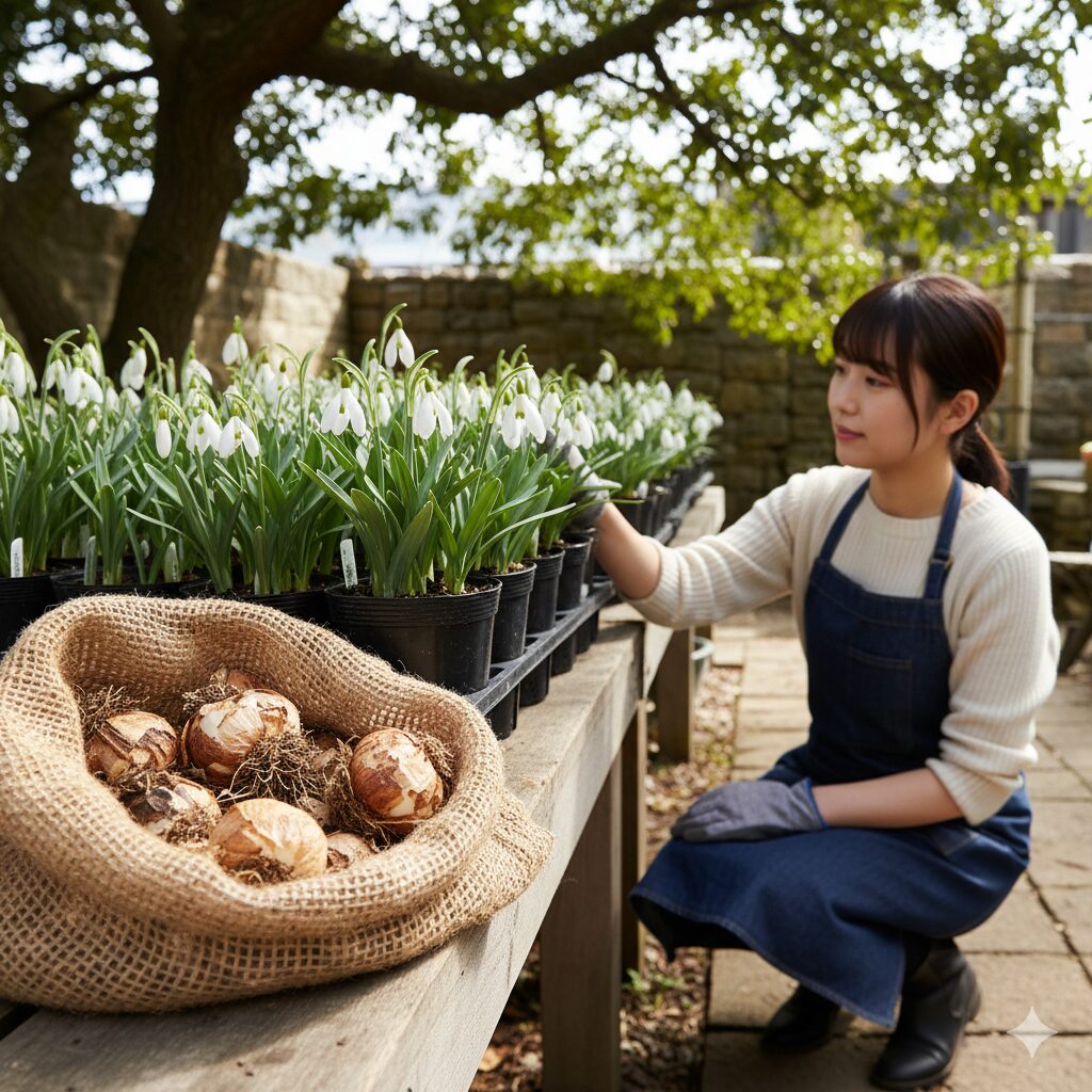 乾燥球根と芽出し苗（ポット苗）のスノードロップ。入手形態による植え付け時期の違いを比較。