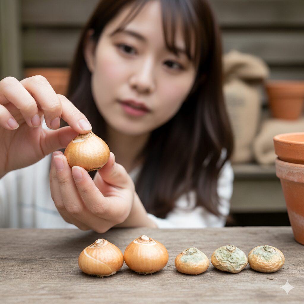 健康なスノードロップの乾燥球根（硬く重い）と乾燥が進んだ球根（軽い）を比較。良い球根の選び方。