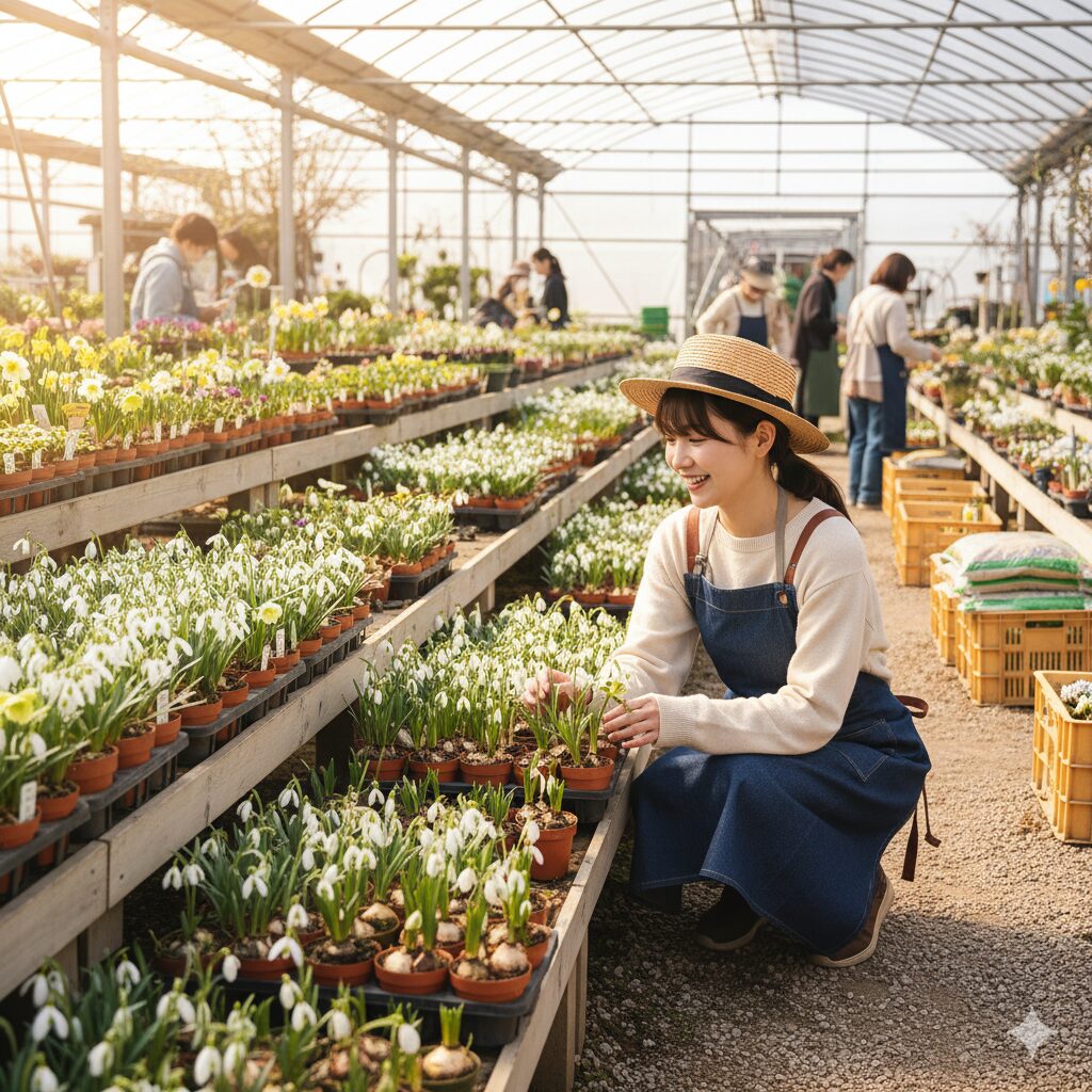 春の園芸店で販売されている、花が咲き始めたスノードロップの芽出し苗（ポット苗）。