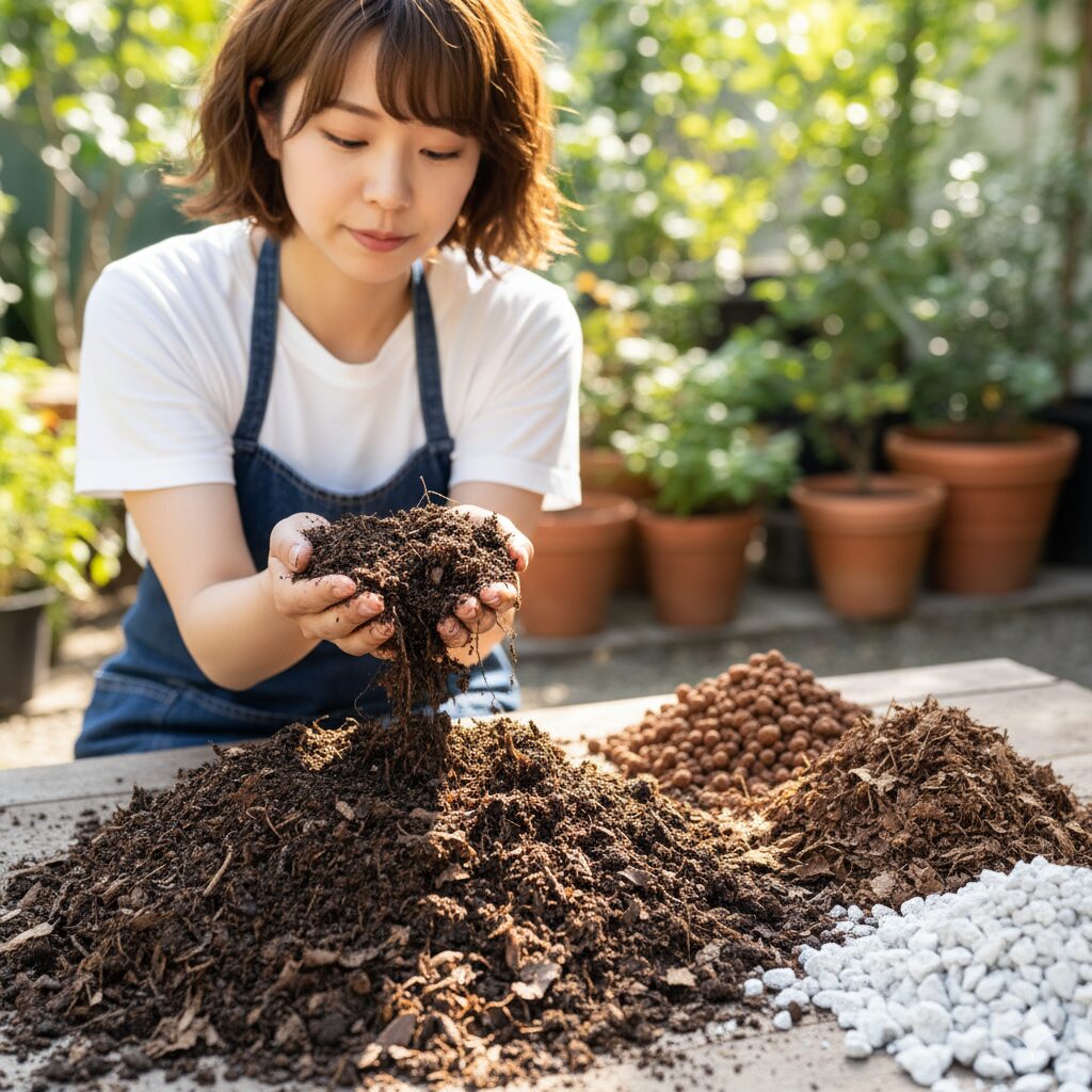 スノードロップ栽培に適した、赤玉土、腐葉土、軽石を配合した水はけと保水性の良い用土。