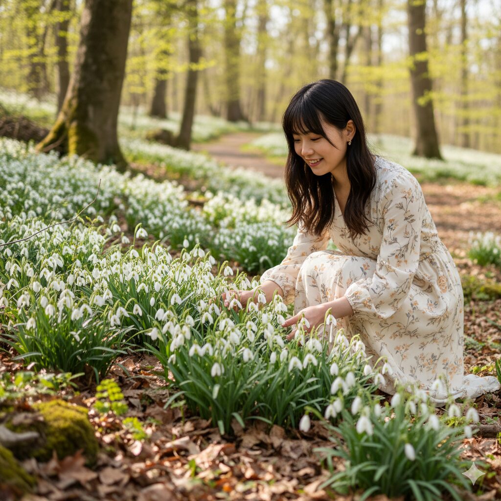 落葉樹の下に群生して咲くスノードロップ。地植えに適した理想的な環境。