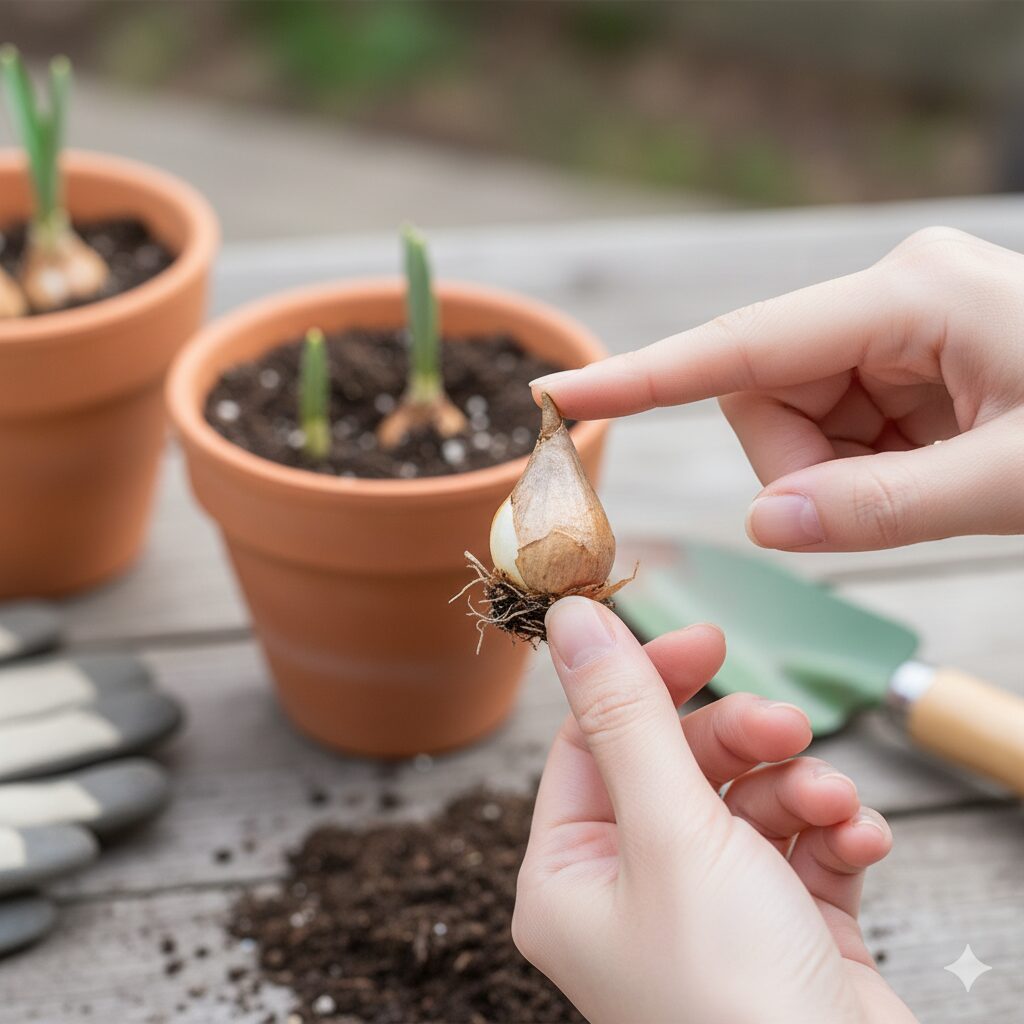 スノードロップの球根の正しい向き。尖った上部を上にして植える。