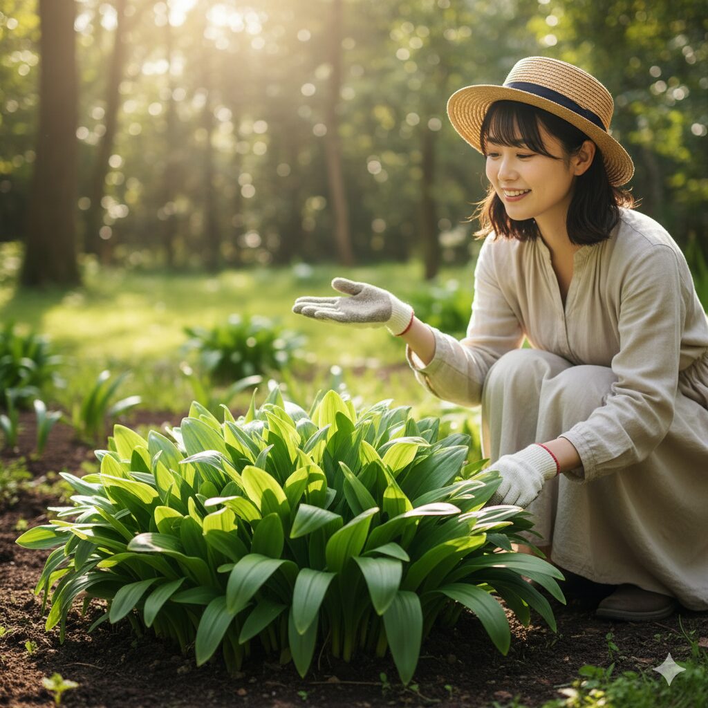 花後のスノードロップの株。来年の開花のために葉を大切にするケアの様子。