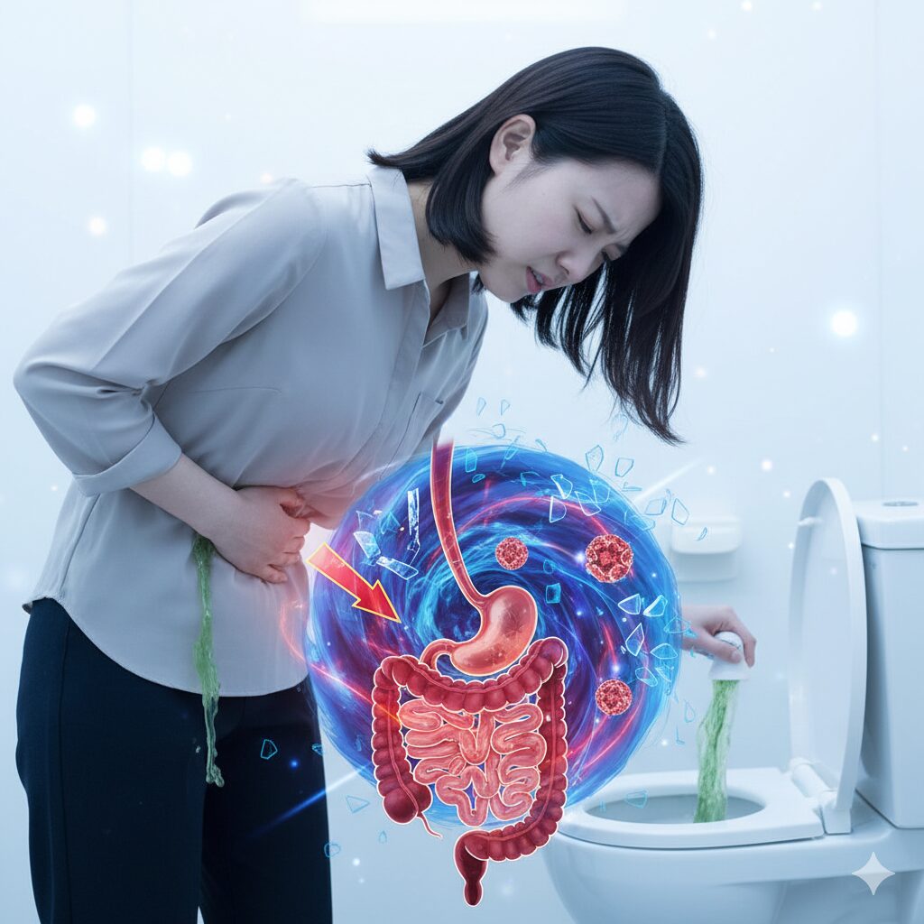 スノードロップに含まれるリコリン摂取による消化管刺激と急性嘔吐、下痢のメカニズムを示す医学イラスト。