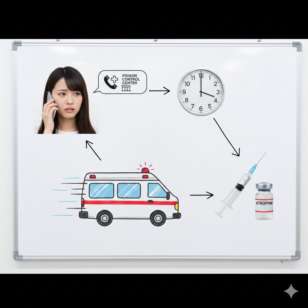 スノードロップ誤食時の緊急対応フローチャート。緊急連絡、情報伝達、アトロピン投与の迅速な行動手順を示す。