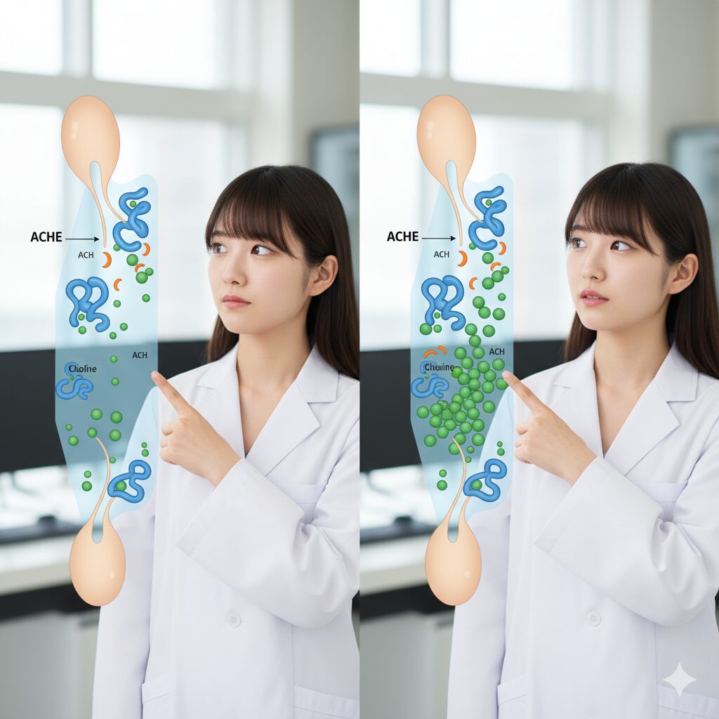 スノードロップのガランタミンがアセチルコリンエステラーゼ（AChE）を阻害し、神経伝達物質が過剰に蓄積する様子を示す模式図。