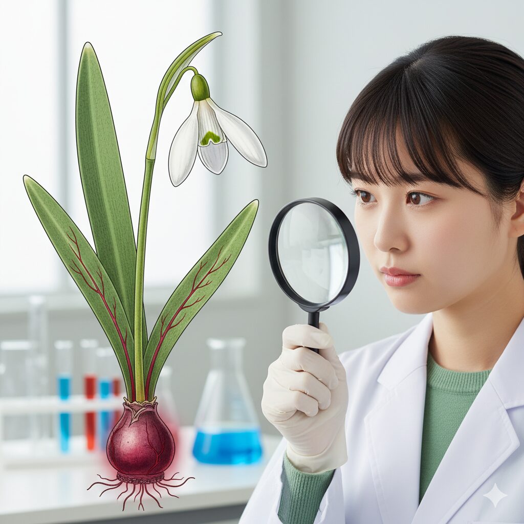 スノードロップの植物全体図。毒性成分が最も濃縮されている球根（鱗茎）の部分を赤く強調したイラスト。