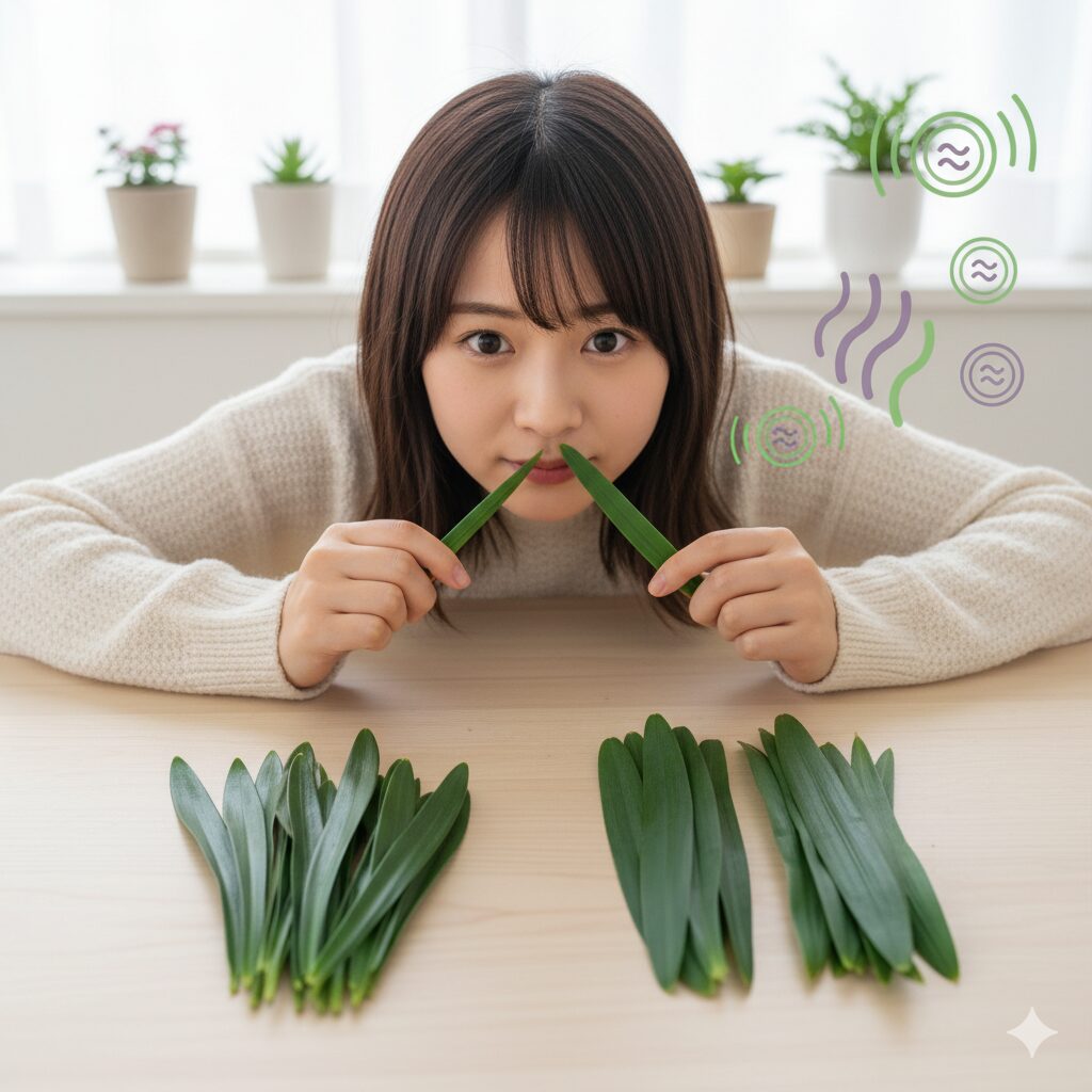 スノードロップの葉と食用ニラの葉の比較画像。ニラ特有の強い匂い（ネギ臭）の有無が識別ポイントであることを示す。
