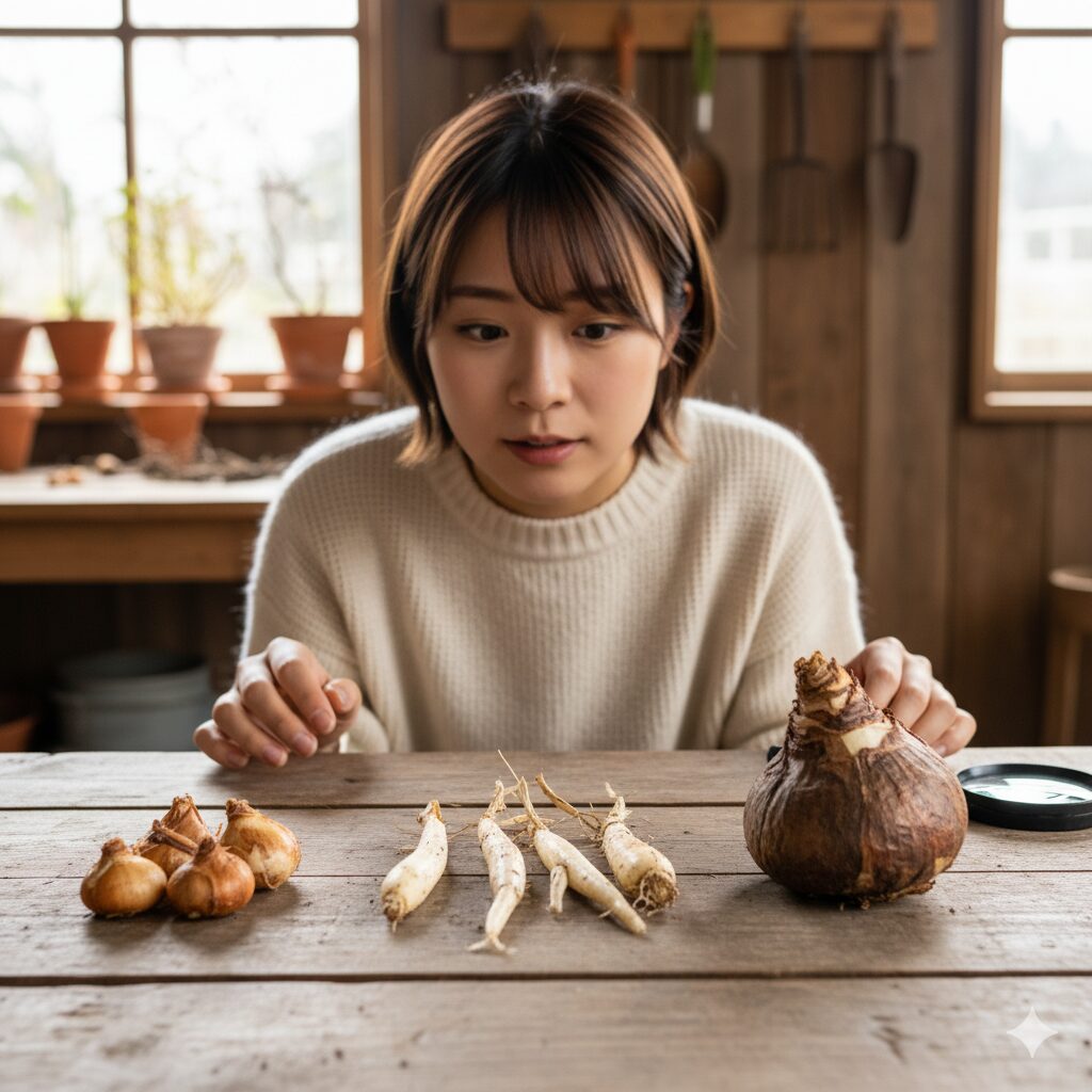 スノードロップ、ノビル、スイセンの球根を並べて比較した画像。誤食リスクが高い有毒植物の球根と食用の球根を識別する。