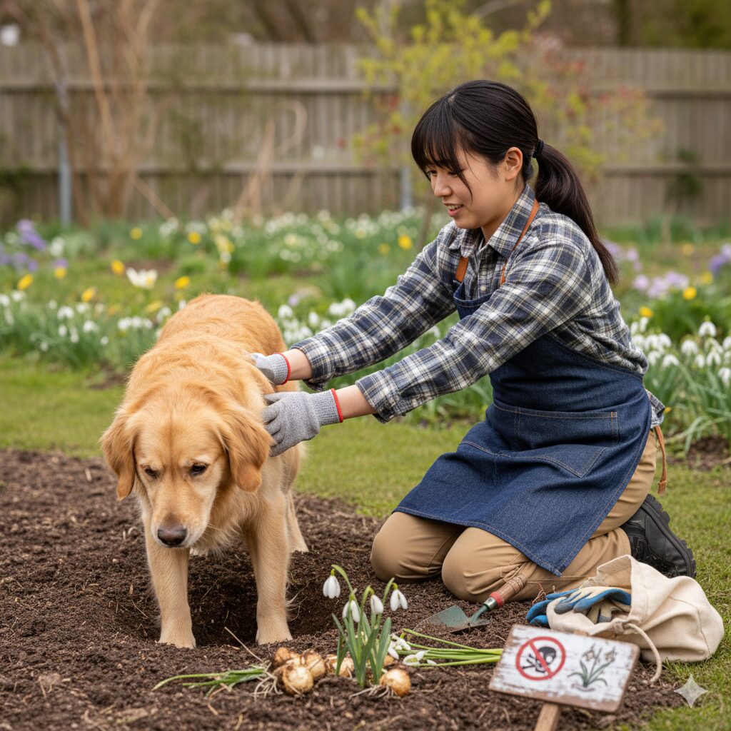 犬が庭でスノードロップの球根を掘ろうとしているイラスト。ペットによる有毒植物の誤食を防ぐための注意喚起。