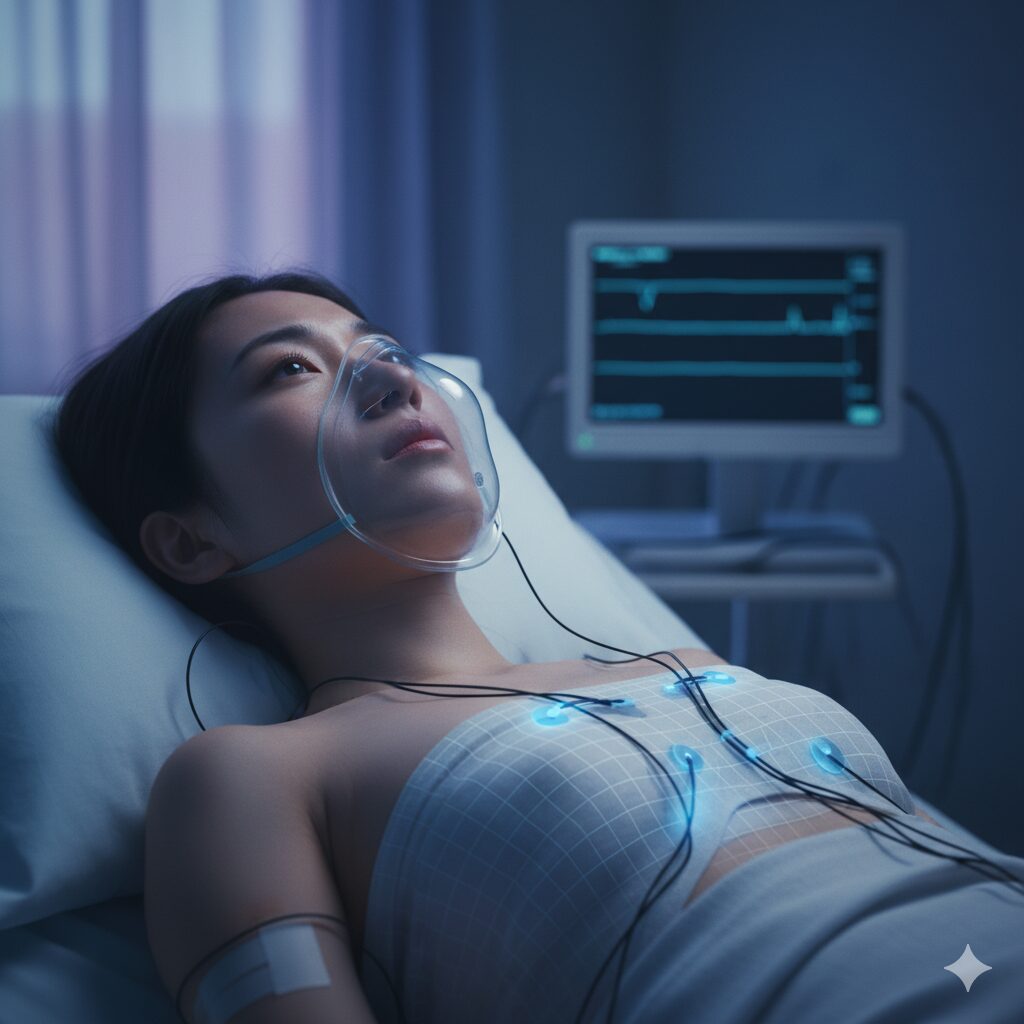 ガランタミン中毒で発生する、呼吸筋の弛緩性麻痺による呼吸不全の危険性を示す医学的イラスト。