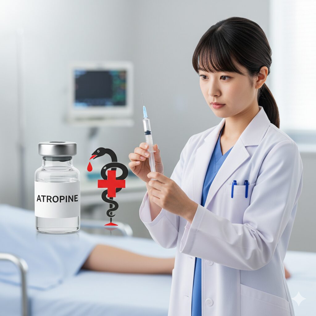 スノードロップのコリン作動性クリーゼの特異的治療薬である抗コリン剤アトロピンのバイアルと注射器のイメージ。