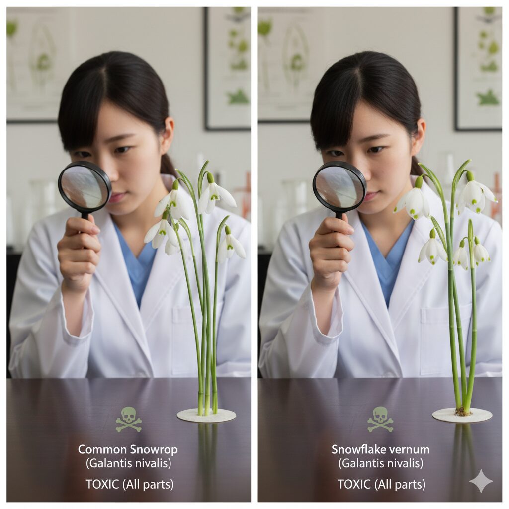 スノードロップとスノーフレーク（Leucojum属）の花を並べて比較した画像。両者がヒガンバナ科で有毒であることを示す。