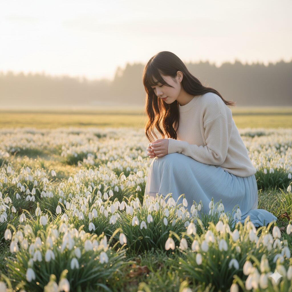 スノードロップ（待雪草）の可憐な花。雪の中から春を告げる希望の象徴