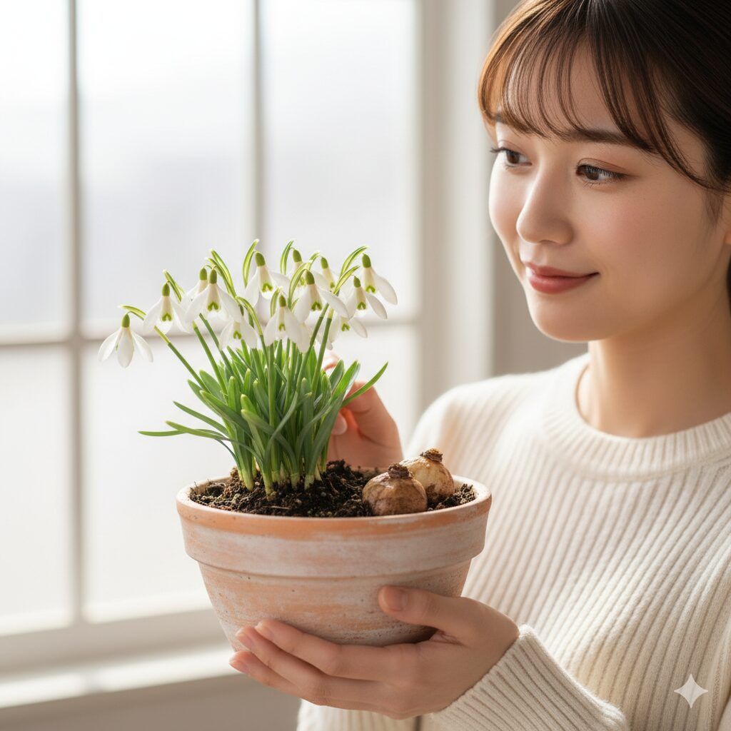 スノードロップの鉢植え。毎年咲き、感謝の永続性を象徴する贈り物