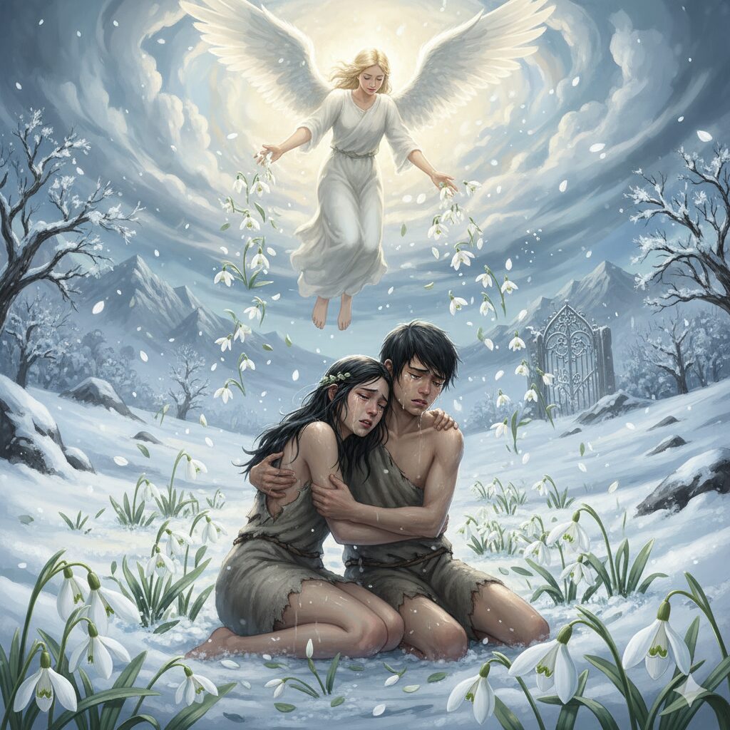 アダムとイヴの伝承。天使が雪をスノードロップに変えて慰める神話のシーン
