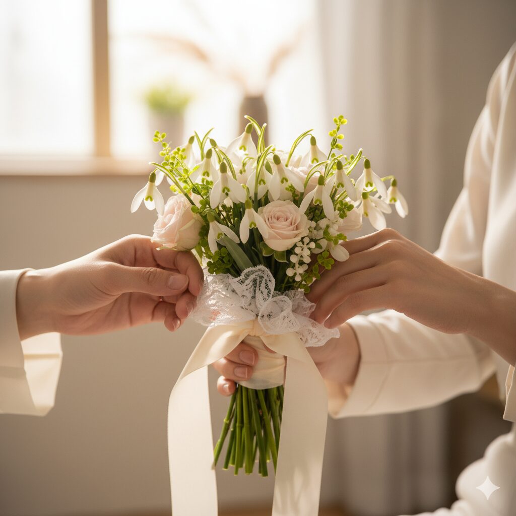 代替テキスト(alt): 　　- 花婚式に贈るスノードロップのブーケ。夫婦の支え合いと感謝の気持ち